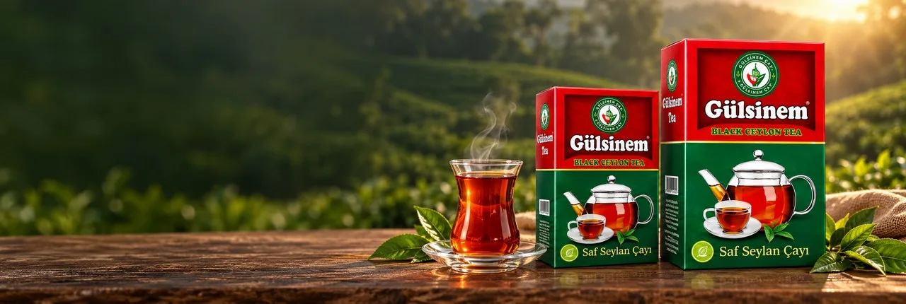 Gülsinem Saf Seylan Çayı ürünleri ve bir bardak çay